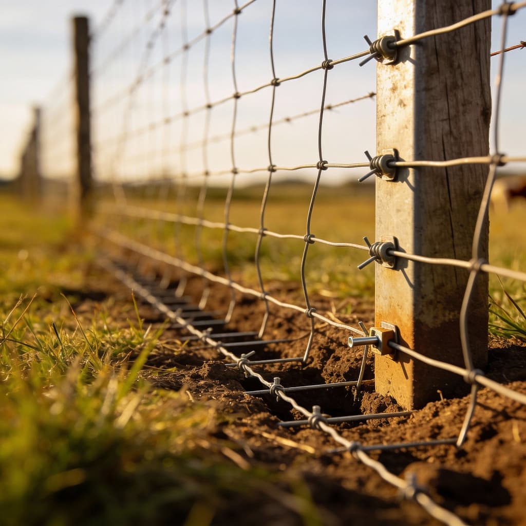 Ground-level fence detail showing proper containment for small livestock | 4️⃣ What fence height works for mixed livestock?