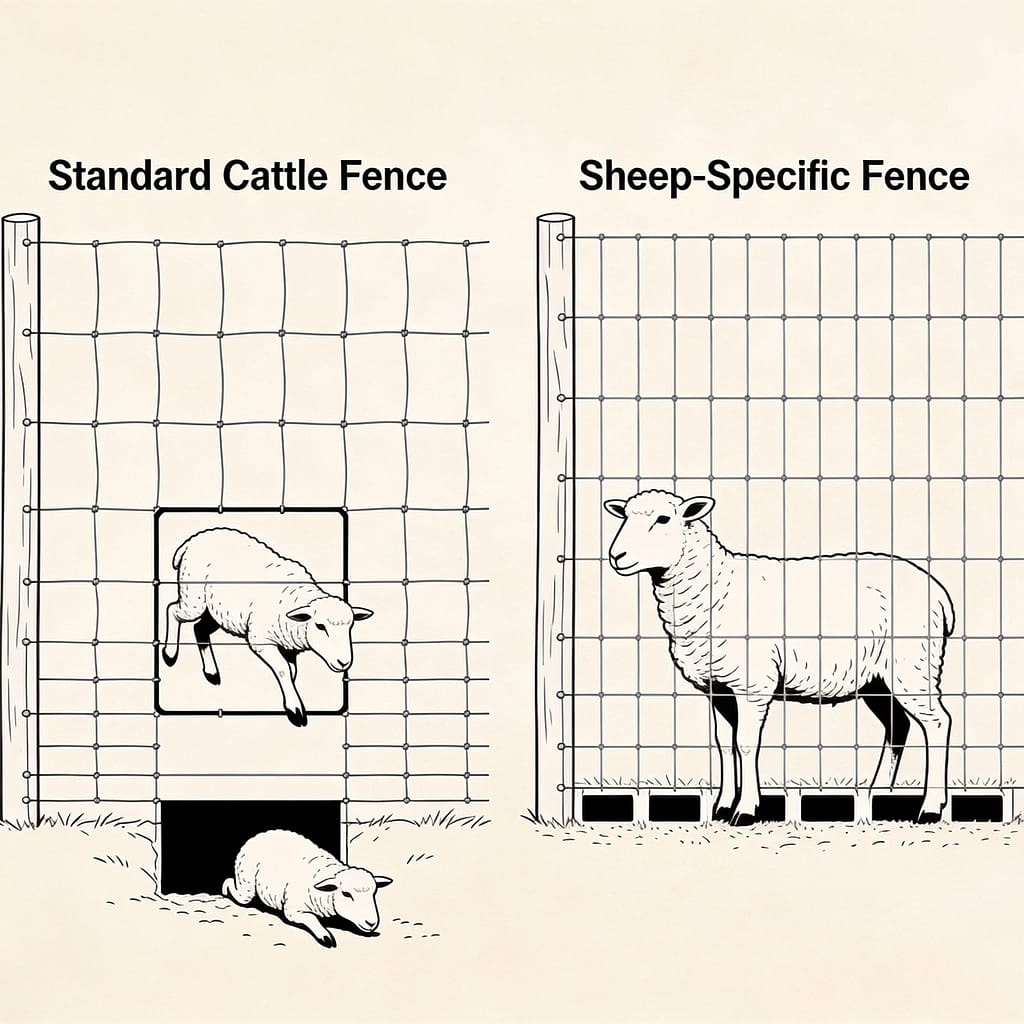 Comparison of standard livestock fence vs sheep fence wire spacing | Can sheep escape through standard livestock fencing?