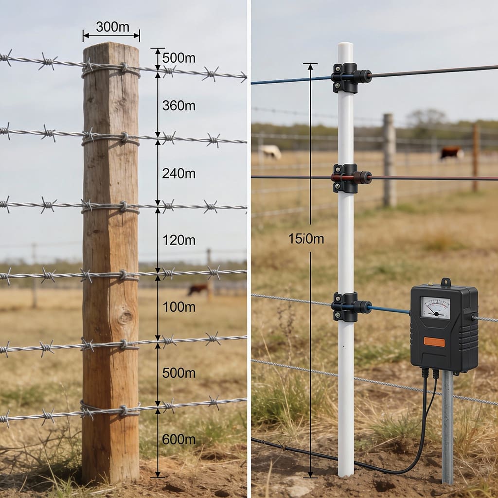 Comparison diagram showing barbed wire and electric fence construction for cattle | Electric fence vs barbed wire for cattle