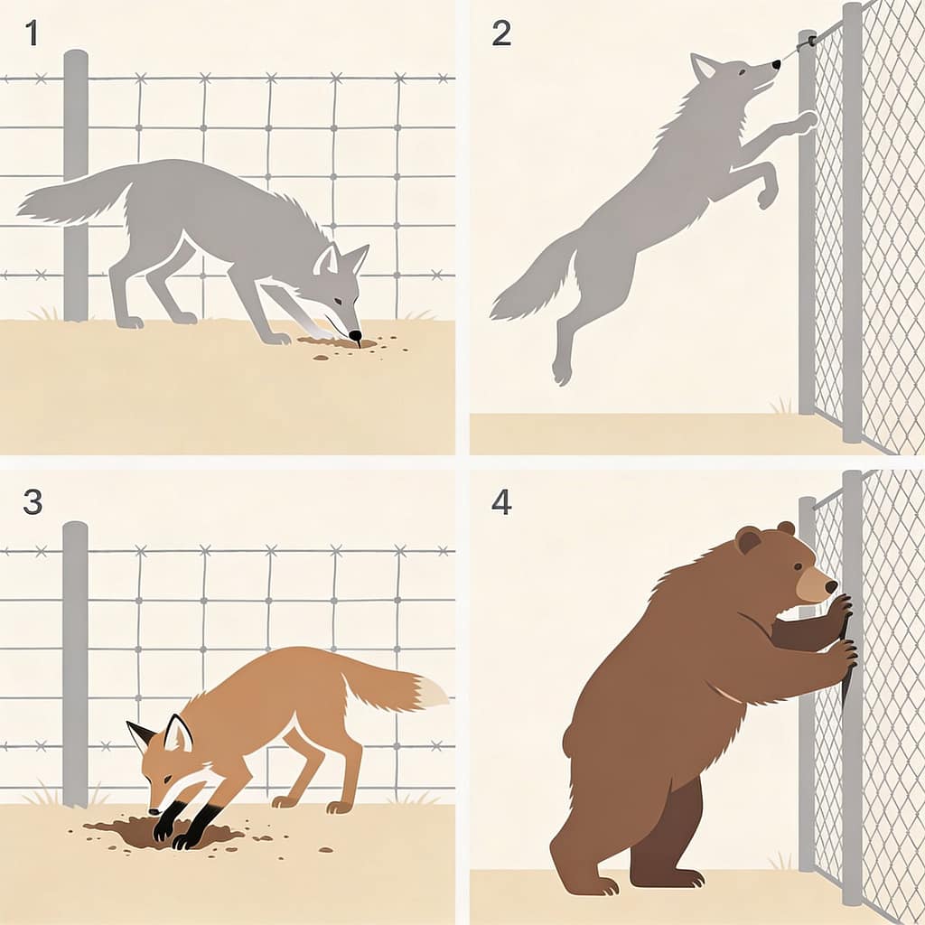 Predator fence interaction behaviors | What fencing works best for specific predators (coyotes, wolves, foxes, bears)?