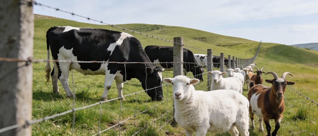 Mixed livestock contained by shared fence system on working farm | Can different livestock share the same fence safely?