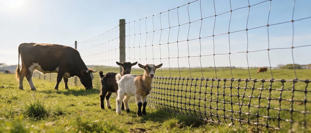 Mixed livestock showing size differences near shared fencing | How do you design fencing for mixed livestock with different sizes?