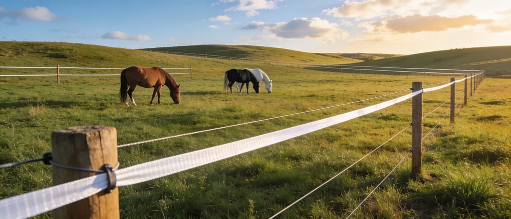 Horses grazing safely behind cost-effective electric tape fencing in open pasture | What is the cheapest fencing option for horses?