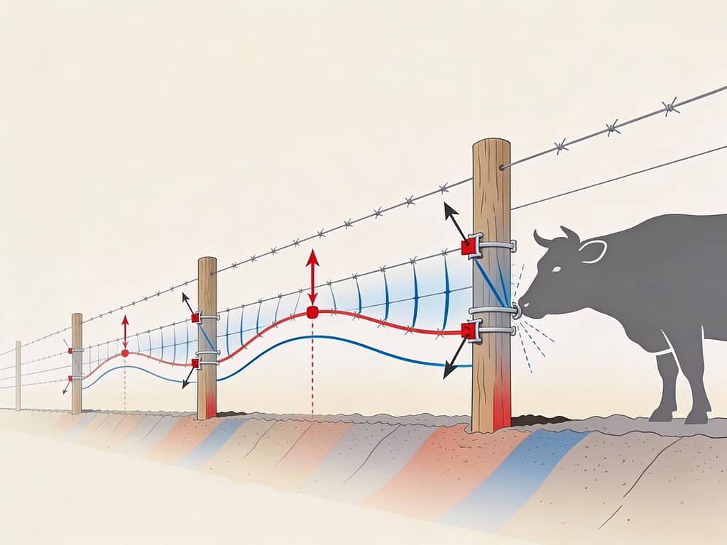 Technical diagram of fence tension and pressure points | Can cattle break through wire fencing?