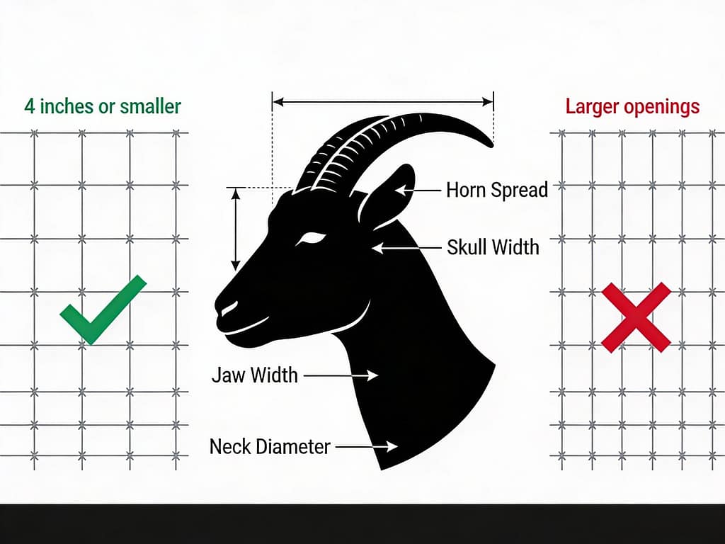 Technical diagram of goat head dimensions and fence spacing | Can goats get their heads stuck in fences? How to prevent it?