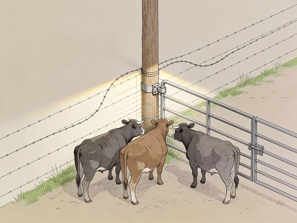 Fence pressure concentration at corner showing uneven stress distribution | Common cattle fencing mistakes to avoid