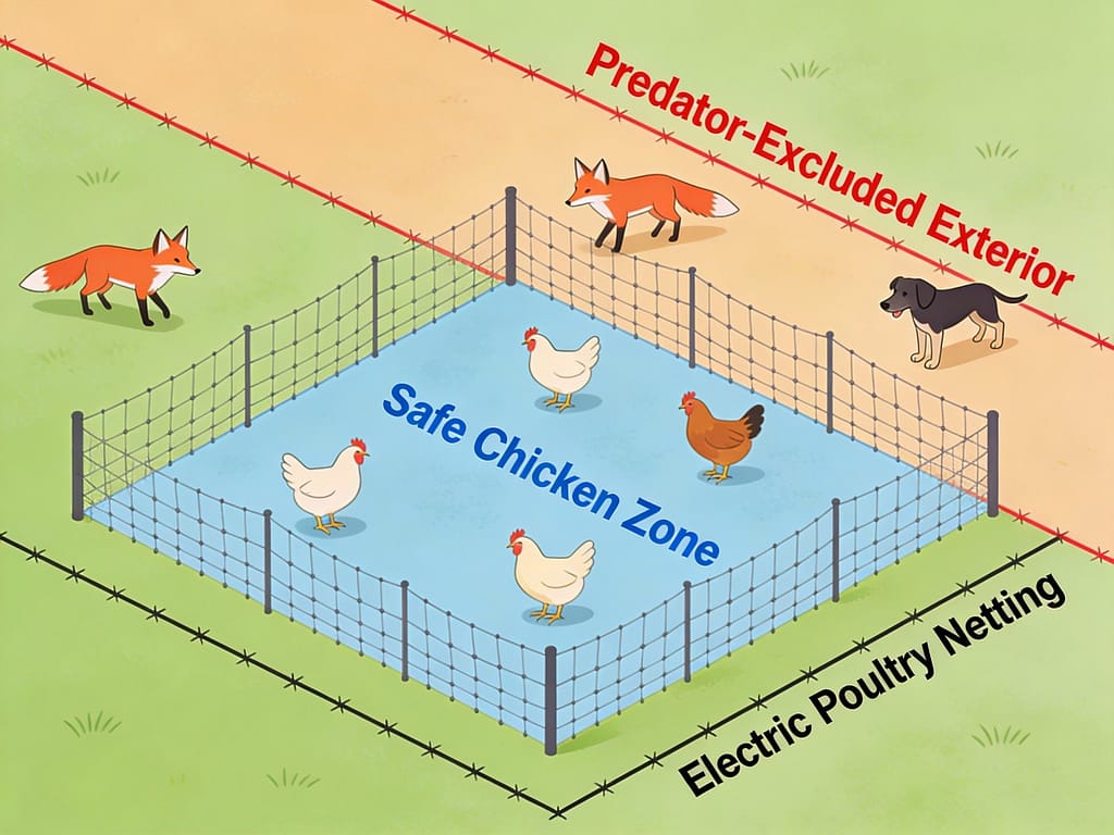 Diagram showing electric poultry netting perimeter with chickens inside safe zone and predators deterred outside | How do you fence free-range chickens safely?