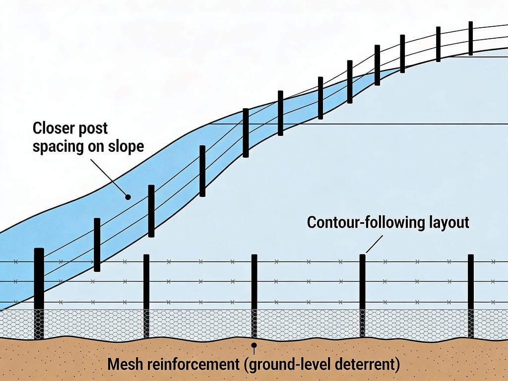 Fencing diagram for uneven terrain | How do you fence pigs on uneven or muddy ground?