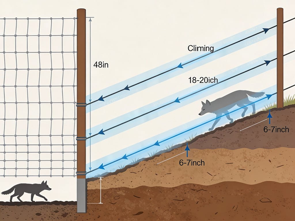 Technical diagram showing fence construction with electric offset strands | How do you fence predators out while containing mixed livestock?