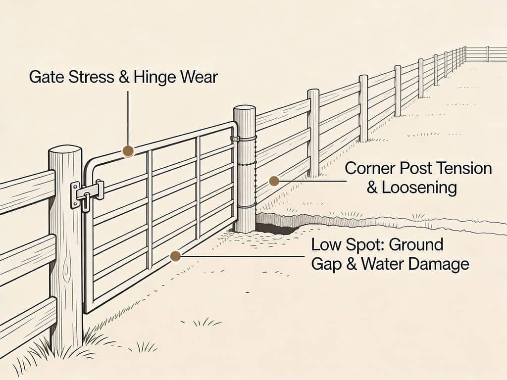 Fence weak points requiring inspection | How do you maintain fencing on a small farm with limited time?