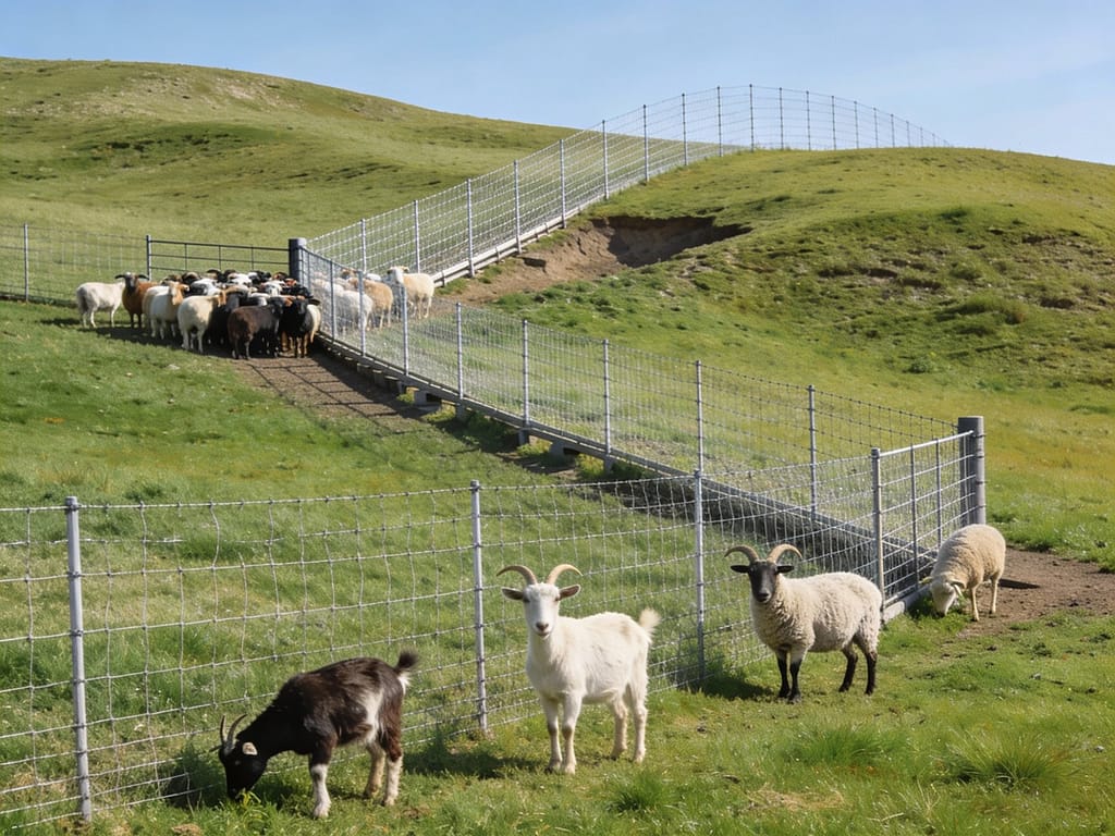 Small livestock near fence showing ground-level escape risks | How do you prevent smaller animals from escaping mixed livestock fences?