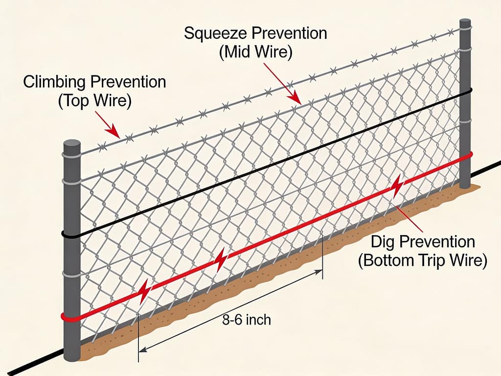 Cross-section diagram of woven wire fence with electric offset wires for predator control | How do you protect goats from predators with fencing?