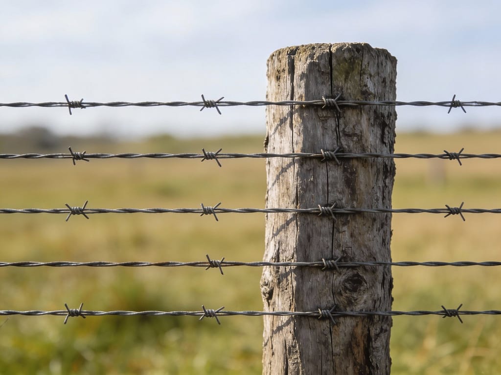 Barbed wire strand spacing on fence post showing proper height intervals | How many strands of wire do cattle need?
