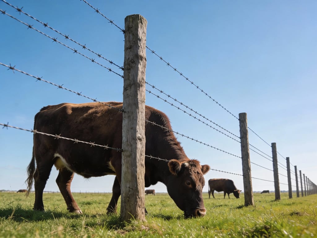 Mature beef cattle grazing behind a properly installed multi-strand barbed wire fence | How many strands of wire do cattle need?