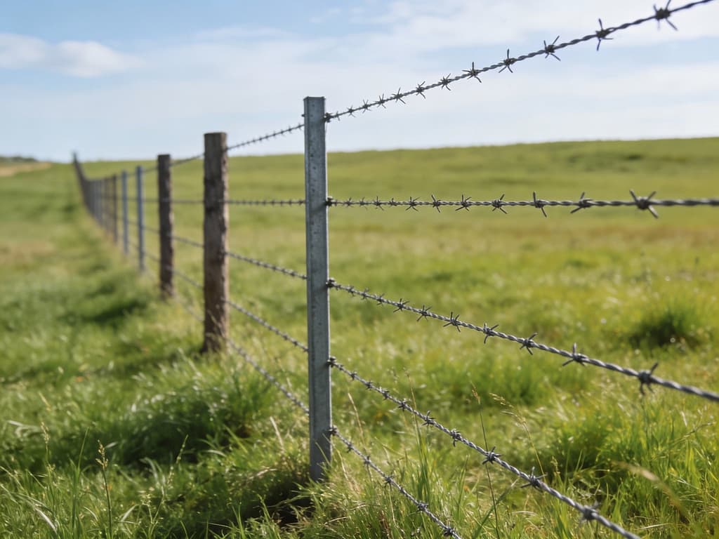 Traditional barbed wire cattle fence in open pasture setting | How tall should a fence be for cattle?