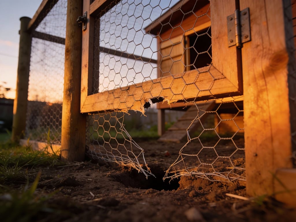 Damaged chicken wire on coop showing predator breach at ground level | Is chicken wire strong enough to keep predators out?
