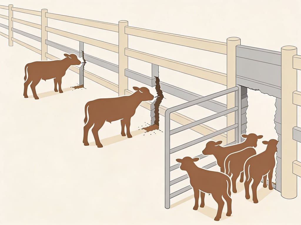 Progressive fence failure from repeated pressure | What are the most common fencing mistakes with young animals?