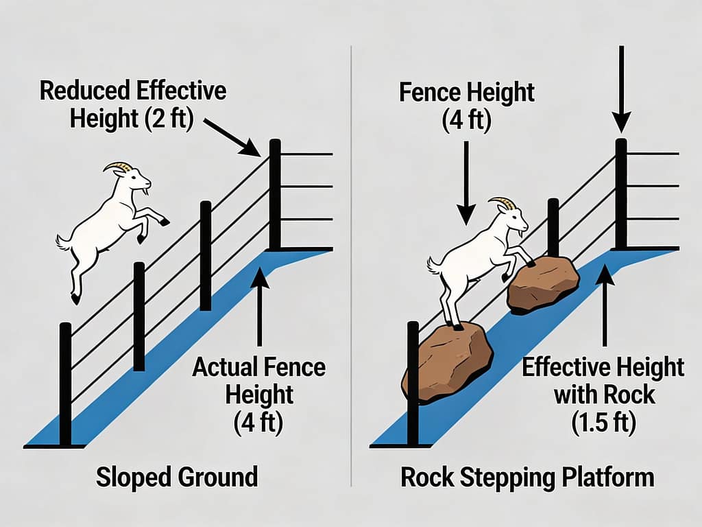 Technical diagram showing how terrain and objects reduce effective fence height | What fence height do goats need?