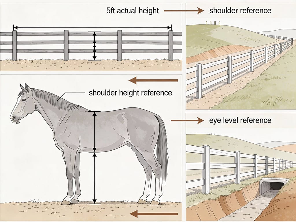 Fence height and terrain relationship illustration | What height fence do horses need?