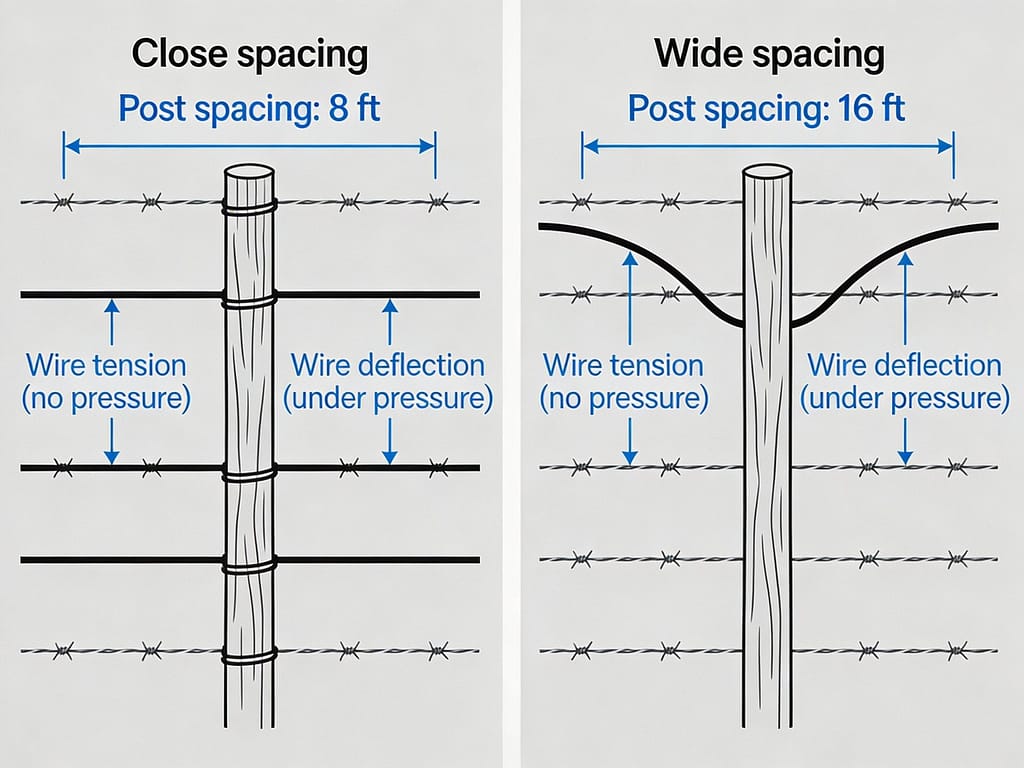 Technical diagram showing fence post spacing and wire deflection | What spacing should fence posts have for cattle?