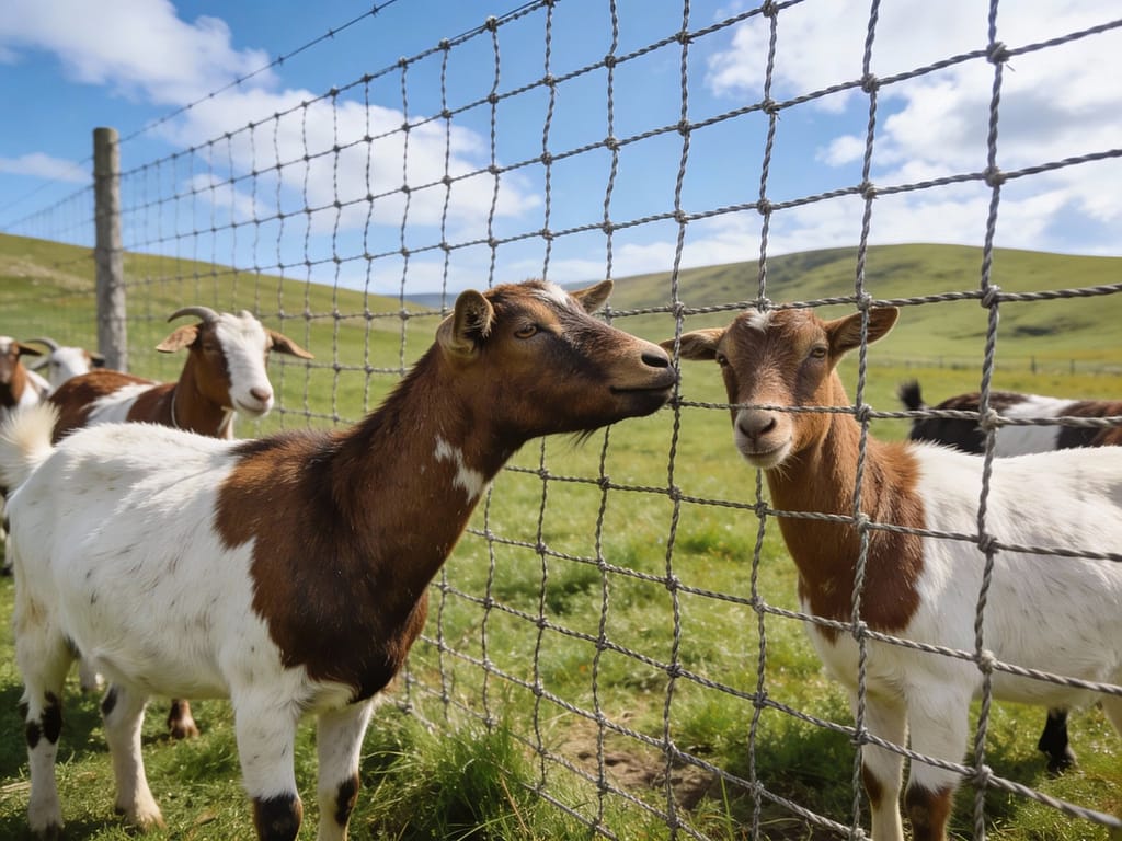 Goats near woven wire fence in pasture | What type of fencing is best for goats?