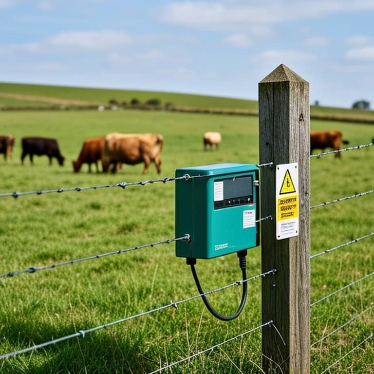 Well-maintained electric fence in rural agriculture with safety measures and grazing cattle Realistic documentary-style photograph of a well-maintained electric fence in a rural agricultural setting, featuring wooden posts, taut wires, a certified energizer, warning signs, green pastures with grazing cattle, and proper installation emphasizing safety and compliance