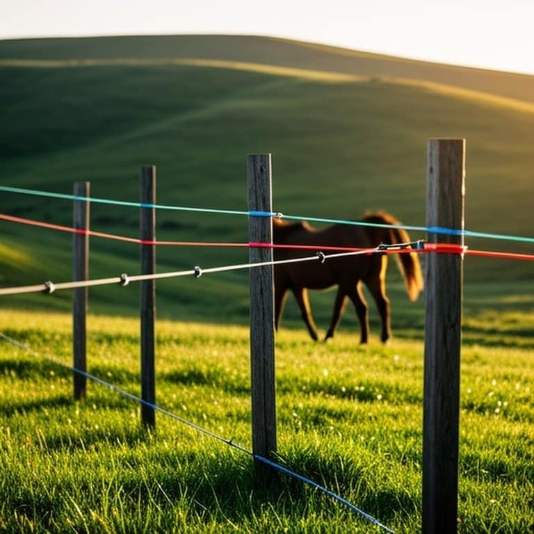 Realistic documentary shot of electric horse fence in sunlit pasture with a horse stepping away after a deterrent shock, highlighting safe horse containment design Realistic documentary photograph of a sunlit grassy pasture with a well-maintained electric horse fence system (bright visibility tape, wooden posts), a mature horse stepping away post-deterrent shock, showcasing safe containment via visibility/spacing