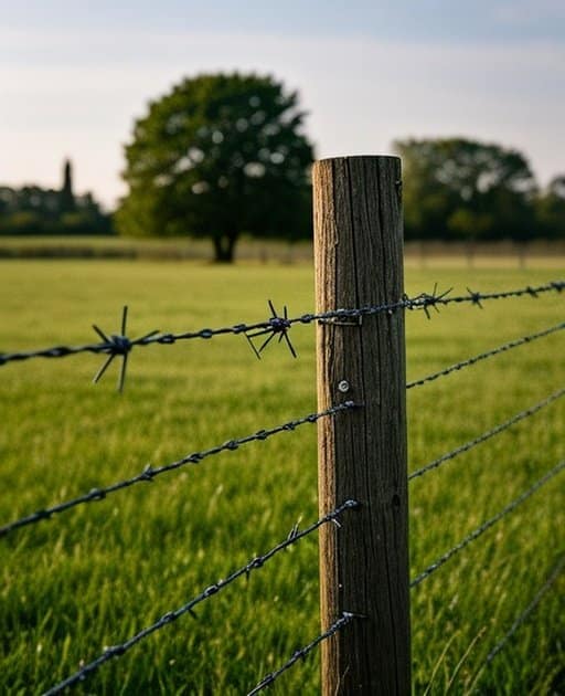 Rural agricultural pasture with properly installed barbed wire fencing system and lush green grass