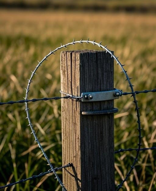 Close-up of weathered wood barbed wire fencing post with galvanized wire, metal bracket, ceramic insulator, and surrounding agricultural pasture with tall grass and sunlight shadows