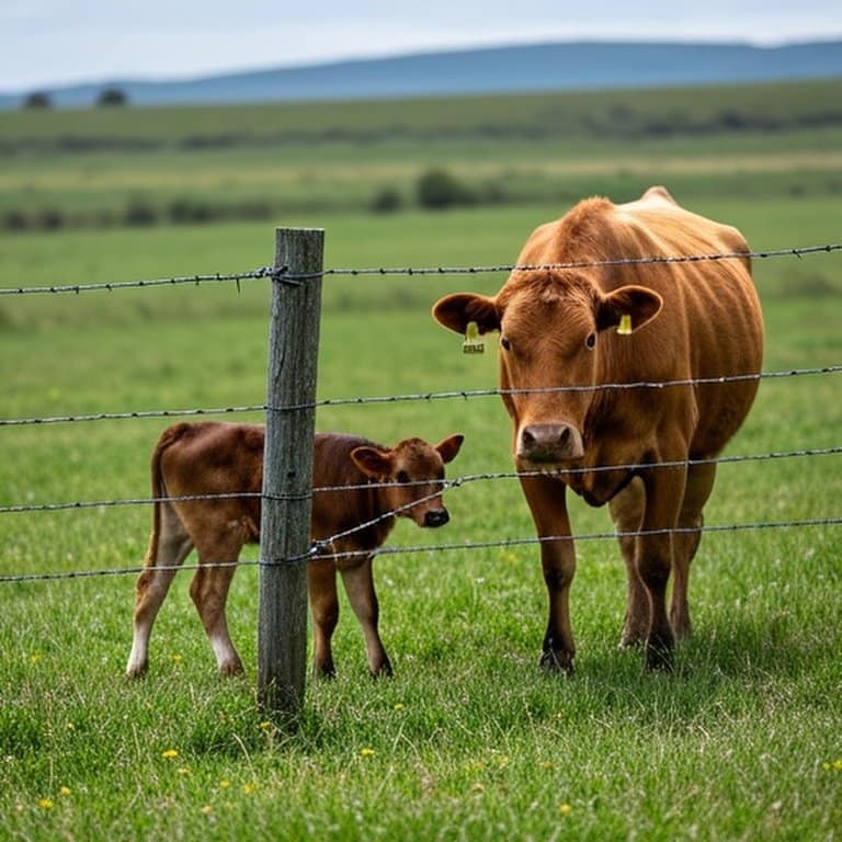 Realistic pastoral farm scene with smooth and barbed wire fencing, emphasizing livestock safety in agricultural settings Realistic pastoral farm scene with smooth wire and barbed wire fencing, showing safety contrast for livestock in agricultural settings