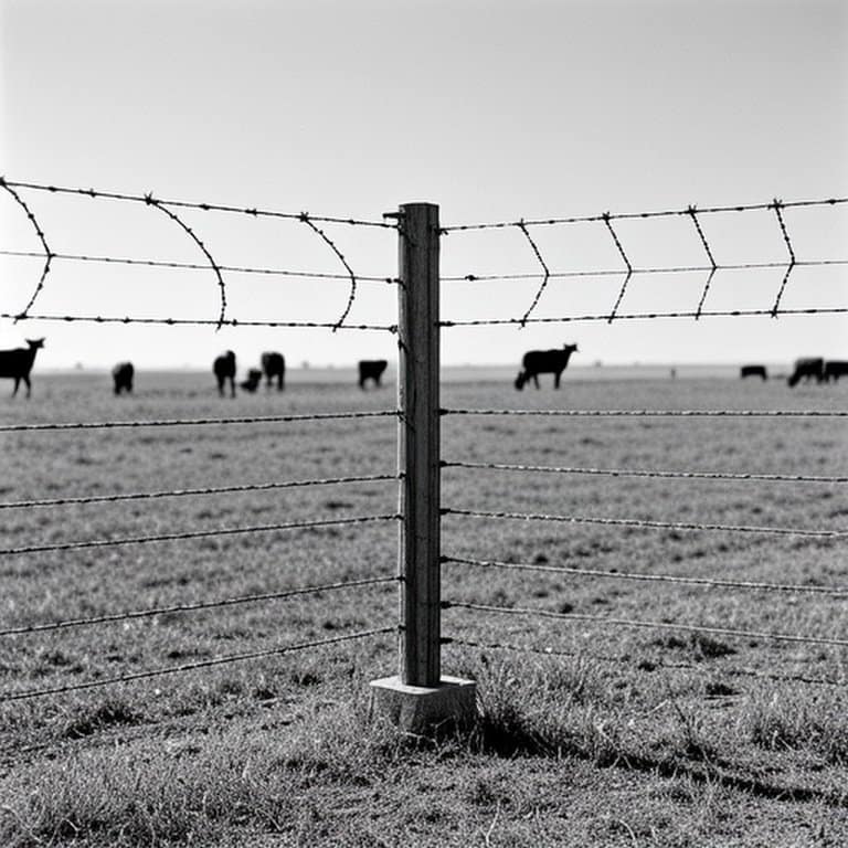 Documentary-style photograph of barbed wire perimeter fence on agricultural landscape Documentary-style photograph of barbed wire perimeter fence on agricultural landscape