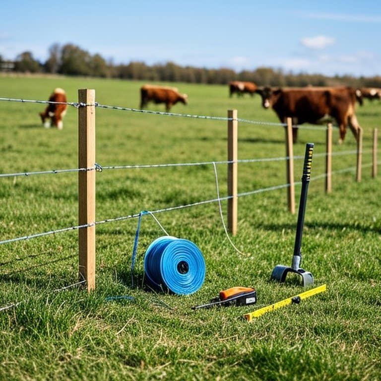 Sunny agricultural scene with newly installed simple DIY electric fence on flat grassy pasture DIY electric fence system on flat grassy pasture