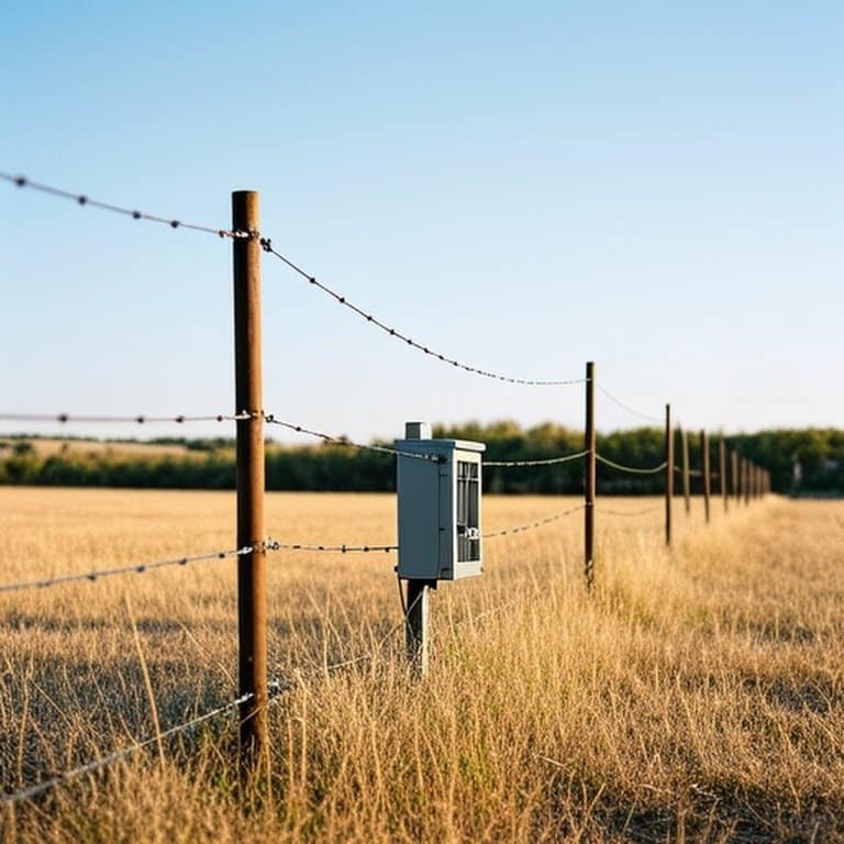 Realistic documentary-style photo of a professional electric fencing setup in a dry agricultural pasture Well-maintained electric fence system in dry agricultural pasture