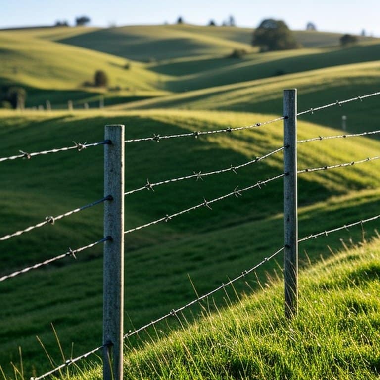 Professional documentary-style image of high-tensile wire fence installed on a moderately sloped grassy pasture, illustrating terrain-adapted installation with brace posts and downhill anchors to maintain integrity on slopes Professional documentary-style image of high-tensile wire fence installed on a moderately sloped grassy pasture, illustrating terrain-adapted installation with brace posts and downhill anchors to maintain integrity on slopes