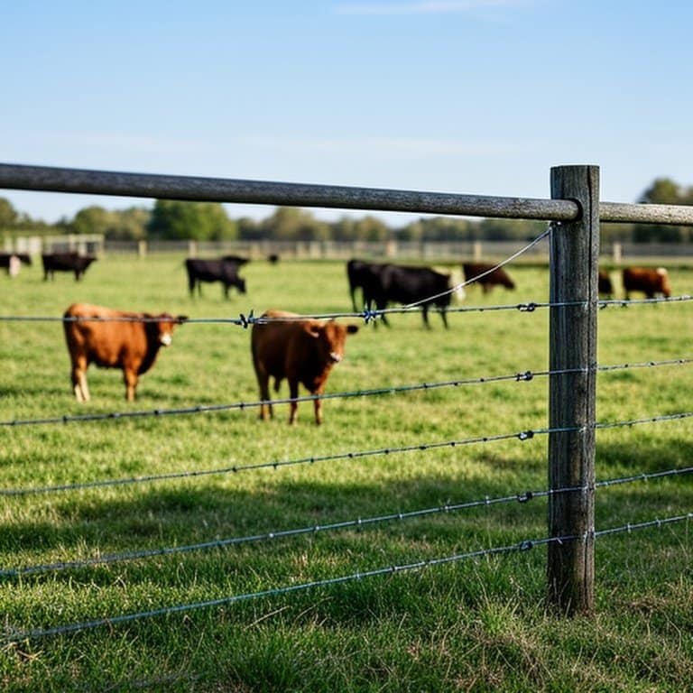 Realistic documentary-style photograph of pastoral farm pasture with permanent and temporary electric fencing for rotational grazing Realistic documentary-style photograph of pastoral farm pasture with permanent perimeter fence and temporary electric fencing for rotational grazing management