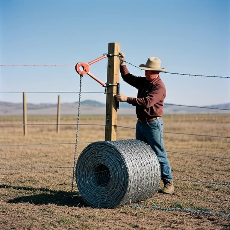Solo individual installing light-weight woven wire farm fence with tools in open rural field on sunny day Solo individual installing light-weight woven wire farm fence with tools in open rural field on sunny day