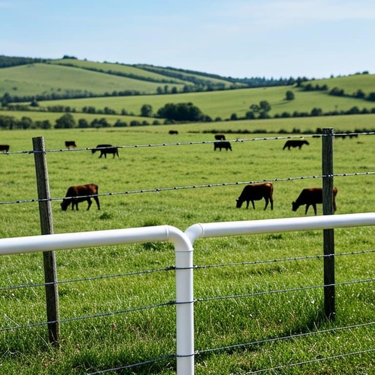 Open pasture with wire fencing and grazing cattle, illustrating agricultural fencing contrast Open pasture with wire fencing and grazing cattle, illustrating agricultural fencing contrast