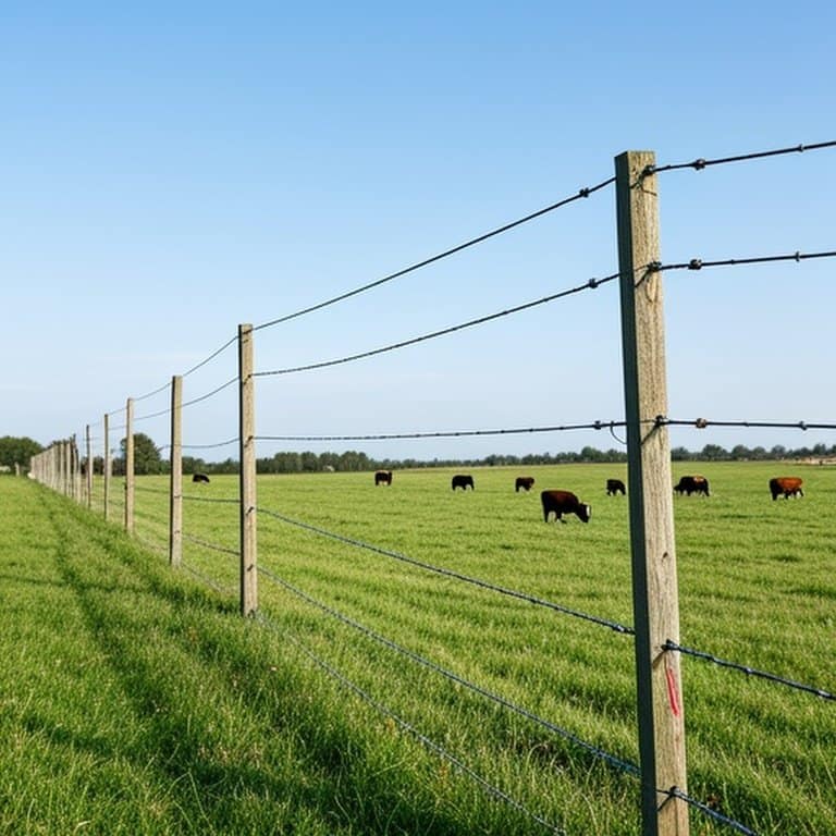 Permanent electric perimeter fence on a pastoral farm with cattle grazing, showing reliable livestock containment structure Wide-angle realistic photograph of a permanent electric perimeter fence on a pastoral farm with cattle grazing, demonstrating livestock containment structure