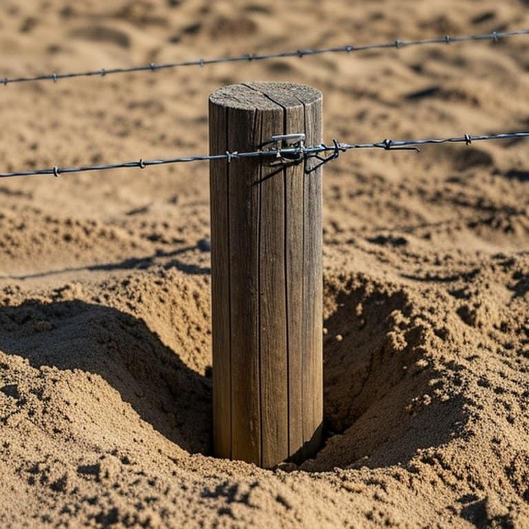 Realistic documentary-style photograph of a deep wooden fence post installed in loose sandy soil, demonstrating proper compaction technique in a rural agricultural landscape Realistic documentary-style photograph of a deep wooden fence post installed in loose sandy soil, demonstrating proper compaction technique in a rural agricultural landscape