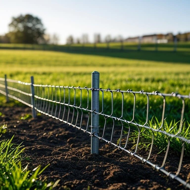 Welded wire mesh predator control fence section on sunlit farm as physical barrier for predator management Welded wire mesh predator control fence section on sunlit farm as physical barrier for predator management
