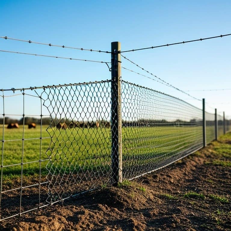 Properly installed 5-foot tall woven wire fence in rural agricultural pasture, highlighting predator-resistant structural features Properly installed 5-foot tall woven wire fence in rural agricultural pasture, showcasing predator-resistant structural integrity and installation details