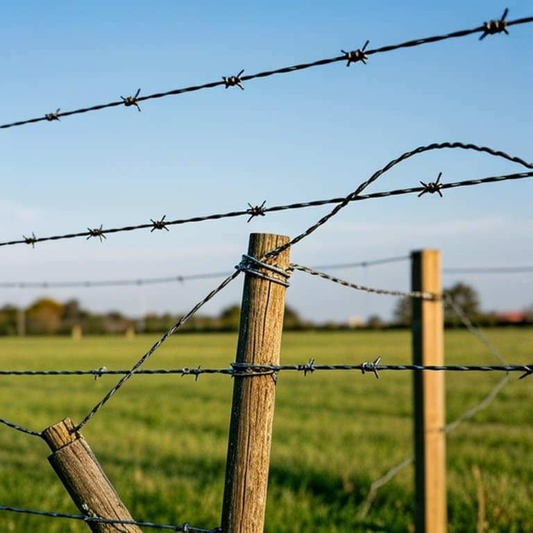 Realistic documentary-style photograph of an agricultural high-tensile wire fence showing an over-tightened section, leaning wooden corner post, and stress-marked wire for comparison in a rural pasture Agricultural high-tensile wire fence with over-tightened section