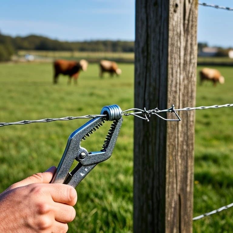 Realistic documentary-style photo of high-tensile fence wire repair process High-tensile fence wire repair with crimping tool