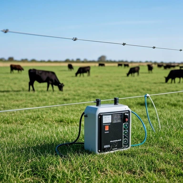 Temporary electric polytape fencing dividing agricultural grazing paddocks with cattle grazing Temporary electric polytape fencing dividing agricultural grazing paddocks with cattle grazing