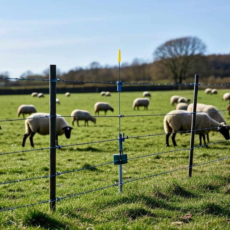 Well-maintained electric fence system in sunny pasture with grazing sheep emphasizing safe operation and animal welfare Realistic photograph of a well-maintained electric fence system in a sunny pasture with healthy sheep grazing, demonstrating safe operation and animal welfare