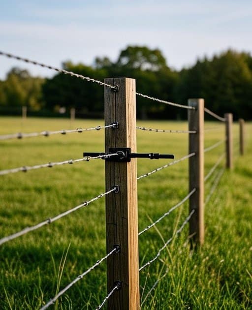 Rural agricultural pasture showcasing a properly installed cattle fencing system