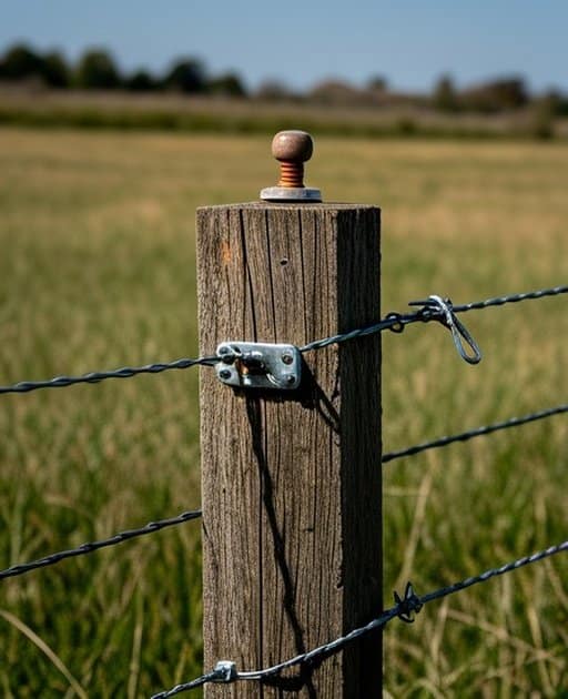 Close-up of a sturdy wooden cattle fencing post with galvanized wire, rust-resistant bracket, and ceramic insulator in an open pasture