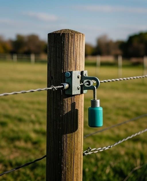 Close-up of a fence post in an outdoor agricultural pasture, showing visible wood or metal material, an attached wire or rail, a metal bracket or insulator, and a clear hardware connection point, shot in natural daylight with a documentary style