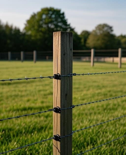 Properly installed horse fencing system with pressure-treated wooden posts, high-tensile galvanized wire strands, and black insulators in a lush green rural pasture