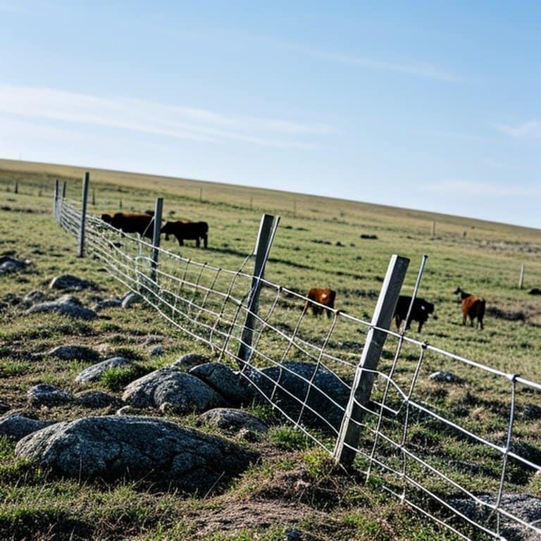 Realistic rural farm scene with uneven terrain, sagging wire fence, and cattle, illustrating challenges in agricultural fencing construction and budgeting Realistic rural farm scene with uneven terrain, sagging wire fence, and cattle, illustrating challenges in agricultural fencing construction and budgeting
